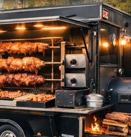 Grill-Trailer mit drei Spießen und BBQ-Smoker